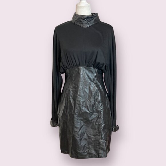 Vintage Phoenix USA Leather Dress Size 9/10 Long Sleeve Panel Bodice Rare Black